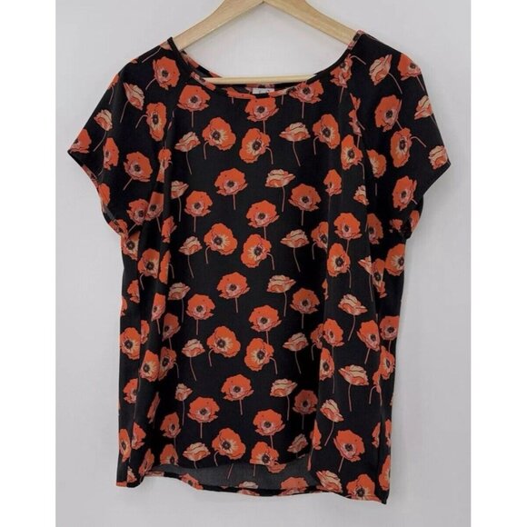 CAbi Flanders Poppy Blouse Black Red‎ Short Sleeve Split Back #3251 Size M, Flaw - Picture 2 of 12
